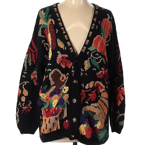 Design Options Thanksgiving Cardigan Black Turkey October Fall Colors Size Large - Picture 1 of 13
